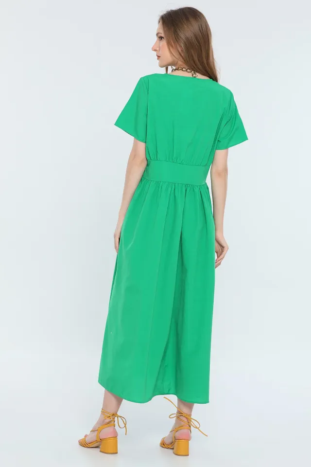 Kadın V Yaka Kısa Kollu Ön Yırtmaçlı Elbise Yeşil