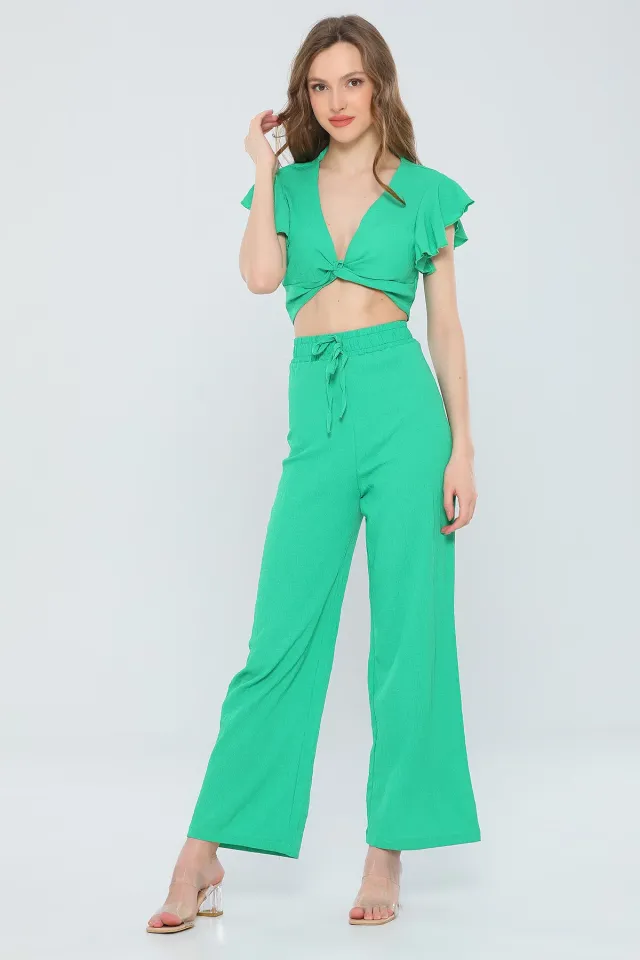 Kadın Yaka Dekolteli Crop Bluz Yüksek Bel Bol Paça Pantolon İkili Takım Yeşil