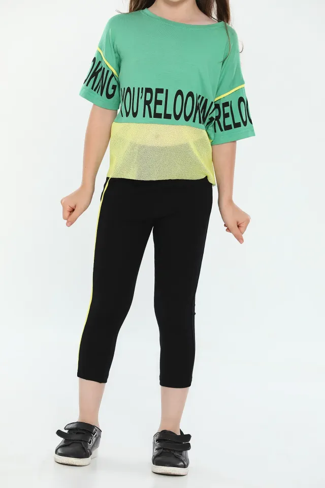 Kız Çocuk Likralı Bisiklet Yaka Baskılı File Detaylı T-shirt Tayt İkili Takım Yeşil