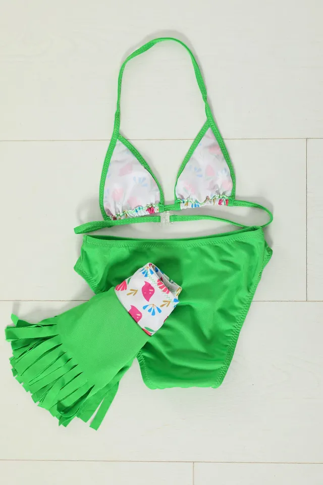 Kız Çocuk Üçgen Kesim Baskılı Etekli Bikini Takım Yeşil