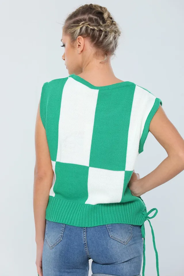 Renk Bloklu Yan İplikli Kadın Triko Süveter Yeşil
