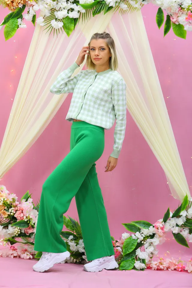 Kadın Yüksek Bel Bol Paça Triko Pantolon Yeşil