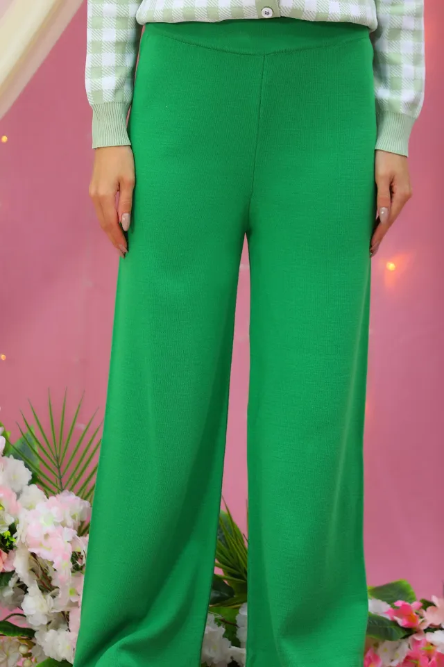 Kadın Yüksek Bel Bol Paça Triko Pantolon Yeşil