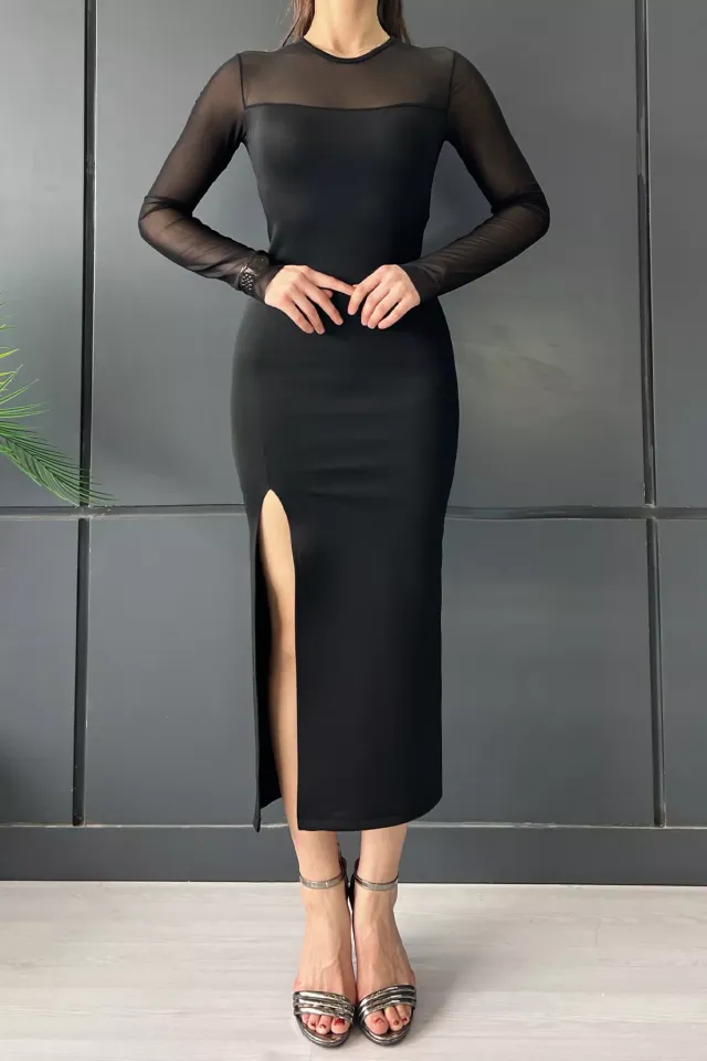 Yırtmaç Detaylı Üst Kısım Tüllü Elbise Siyah