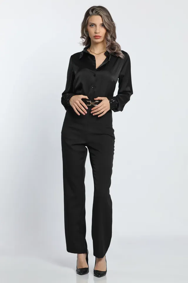Yüksek Bel Aksesuar Detaylı Fermuarlı Kadın Kumaş Pantolon Siyah