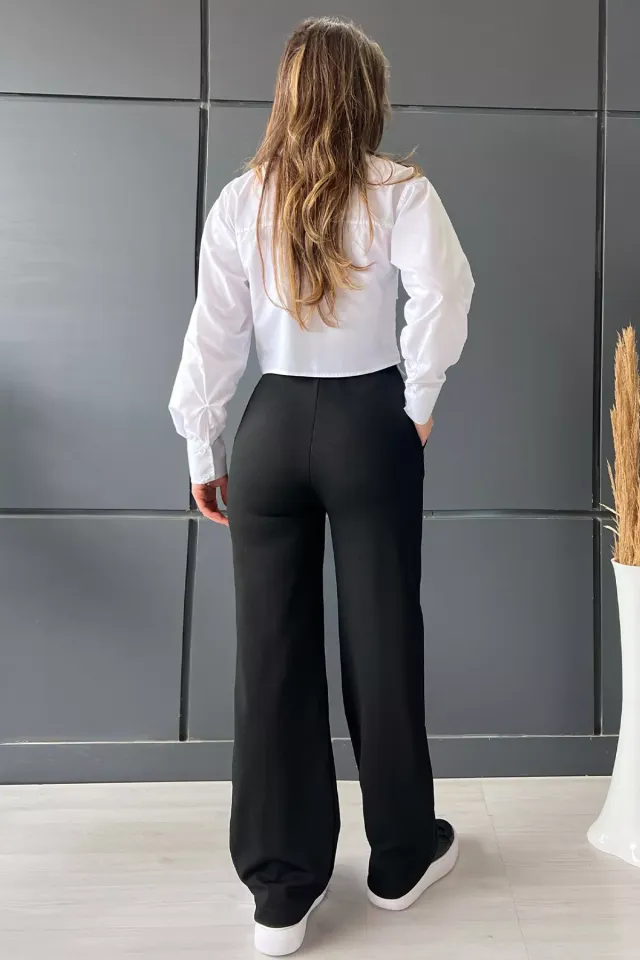 Yüksek Bel Cepli Çimalı Kadın Bol Kesim Pantolon Siyah