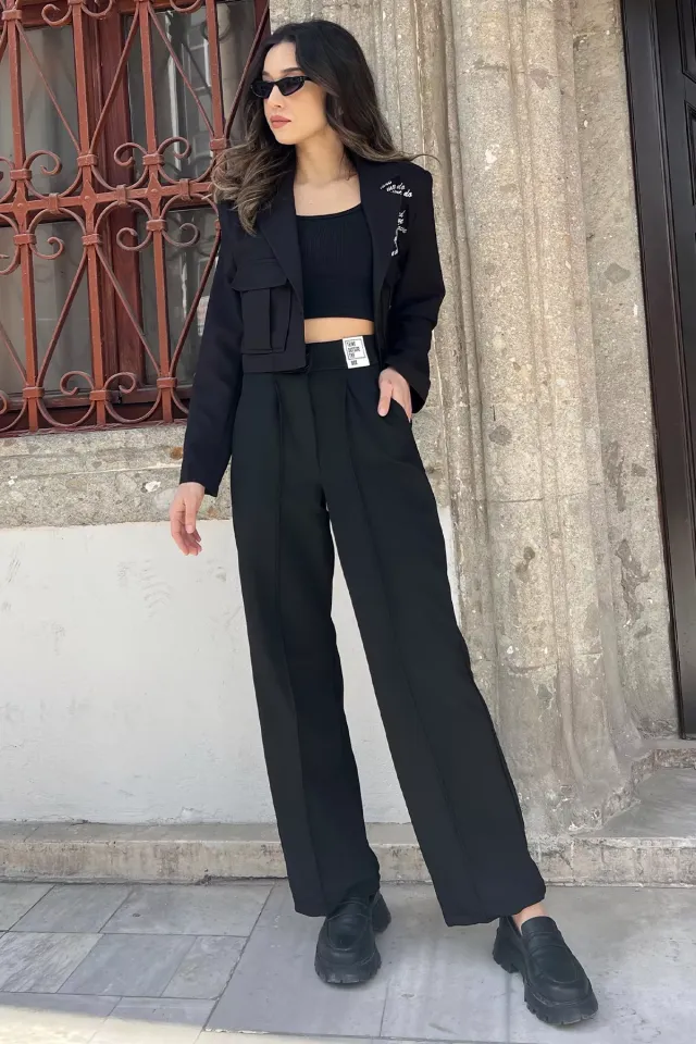 Yüksek Bel Çimalı Etiket Detaylı Kadın Palazzo Bol Paça Pantolon Siyah