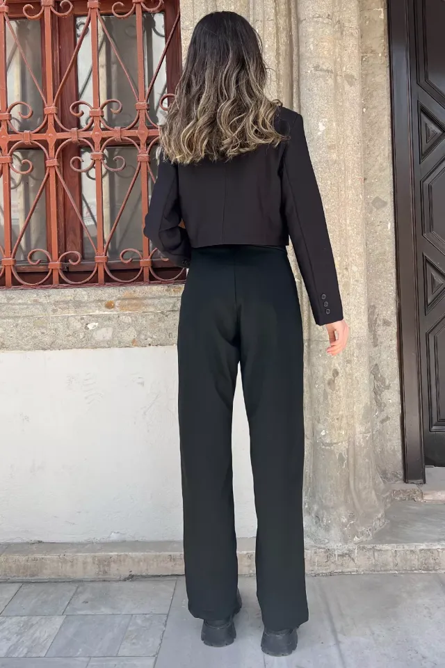 Yüksek Bel Çimalı Etiket Detaylı Kadın Palazzo Bol Paça Pantolon Siyah