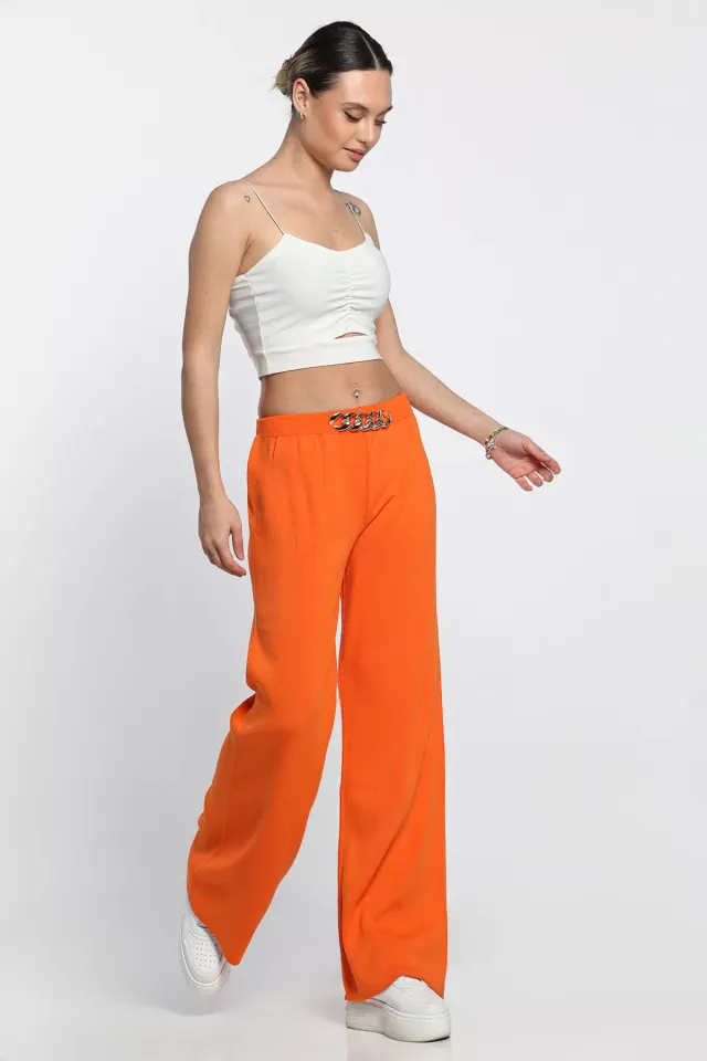 Yüksek Bel Gold Zincir Aksesuar Detaylı Kadın Triko Pantolon Orange