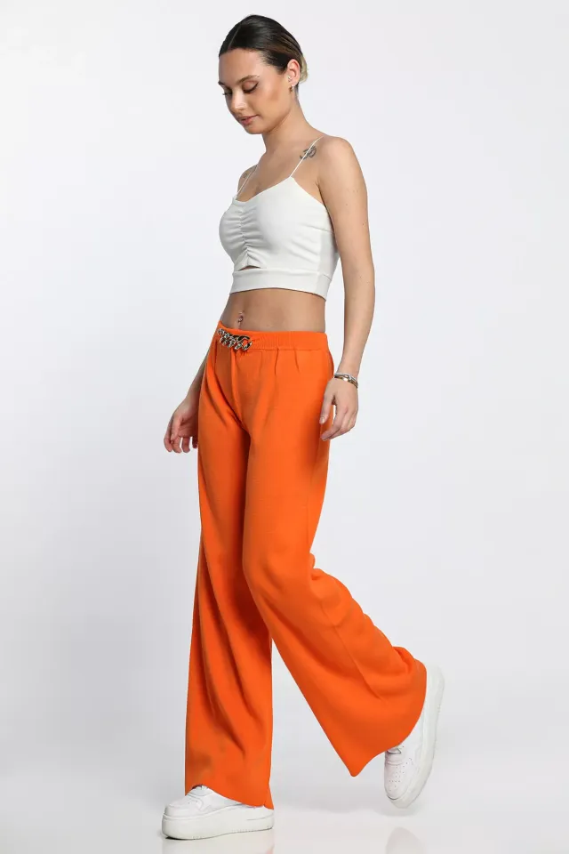 Yüksek Bel Gold Zincir Aksesuar Detaylı Kadın Triko Pantolon Orange