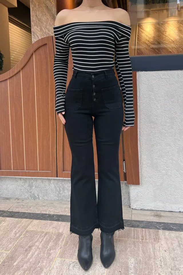 Yüksek Bel Ön Cep Detaylı İspanyol Paça Püsküllü Kadın Jean Kot Pantolon Siyah