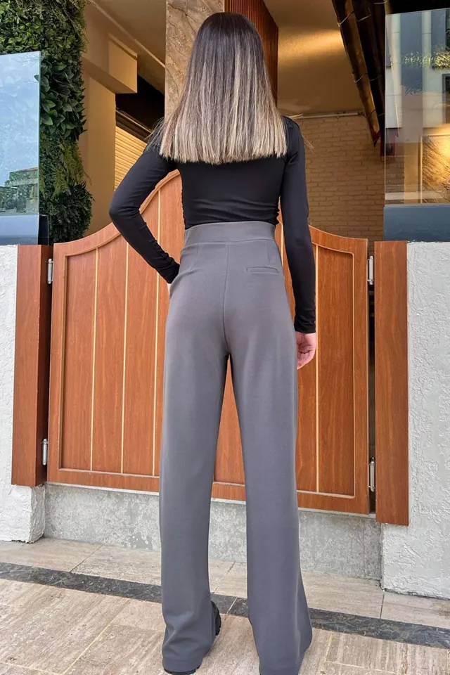 Yüksek Bel Pileli Cırtlı Kadın Likralı Palazzo Kumaş Pantolon Füme