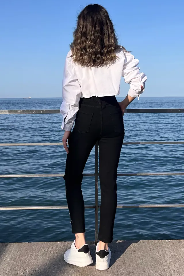 Yüksek Bel Taş İşlemeli Kadın Tarz Jean Kot Pantolon Siyah