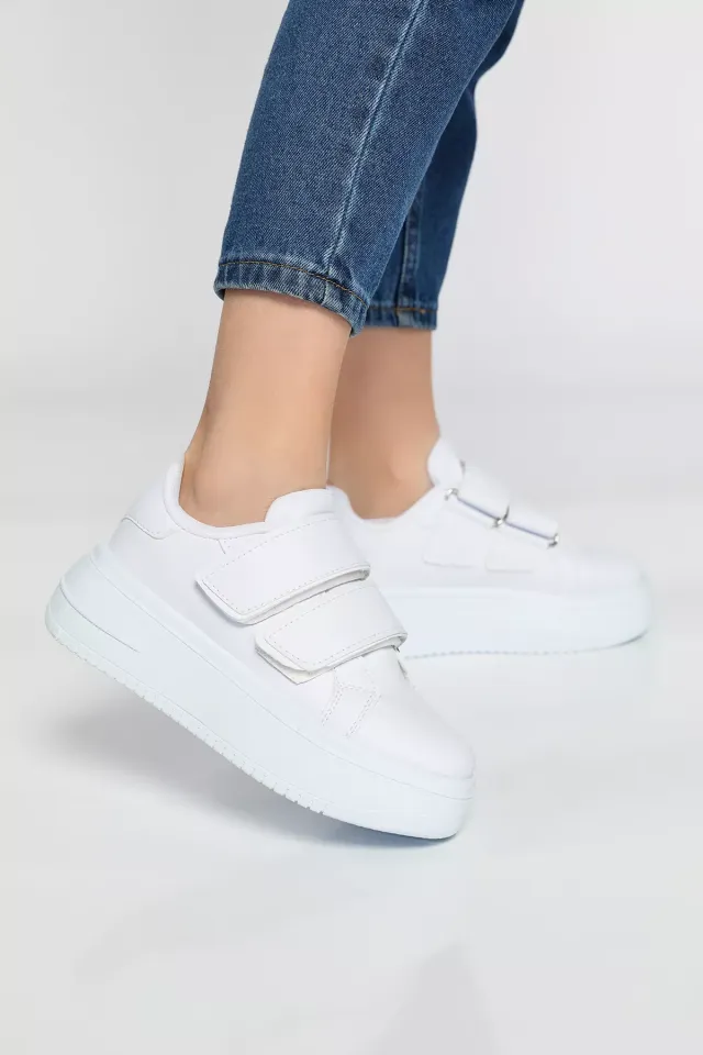 Yüksek Taban Cırtcırtlı Kadın Spor Ayakkabı Beyaz