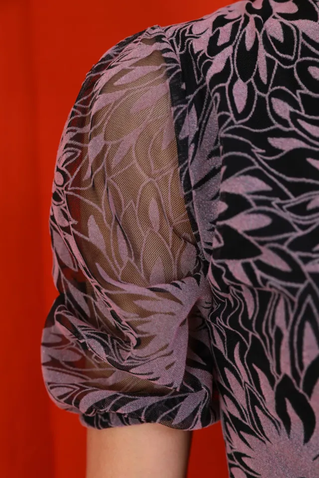 Kadın Yaka Kruvazeli Flok Desenli Abiye Elbise Pudra