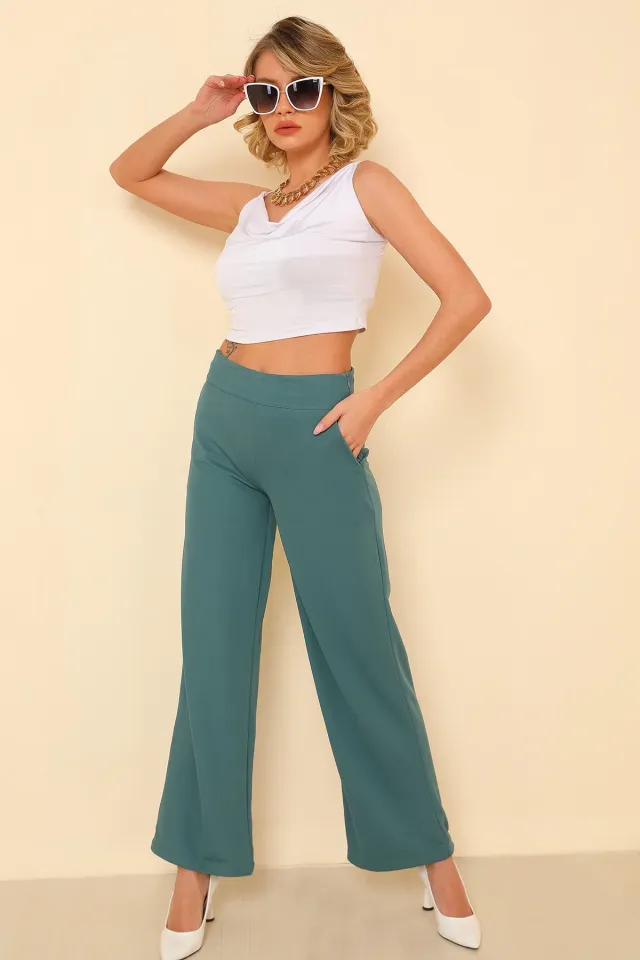 Kadın Likralı Fermuarlı Crep Pantolon Zümrüt Yeşili