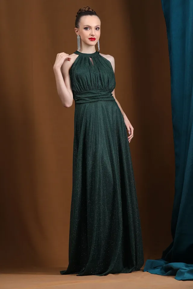 Kadın Boyun Detaylı İç Astarlı Işıltılı Uzun Tül Abiye Elbise Zümrüt Yeşili