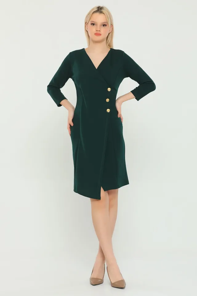 Kadın Likralı Kruvaze Yaka Ceket Elbise Zümrüt Yeşili